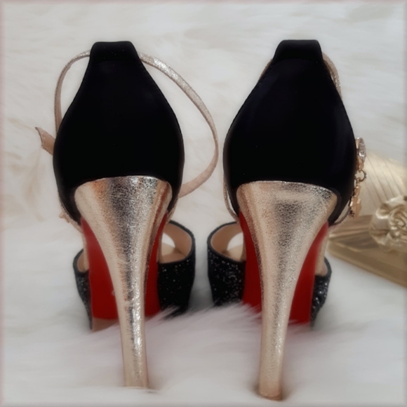 BLACK & GOLD Open Toe Ankle Strap Heels - Picture 4 of 7